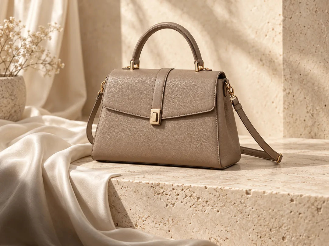 A structured taupe leather handbag with gold hardware on an ivory stone plinth.