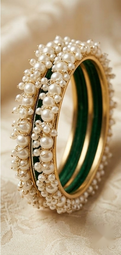 Emerald Green Pearl Bridal Bangle Set