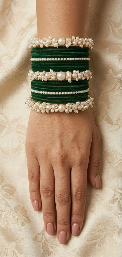 Emerald Green Pearl Bridal Bangle Set