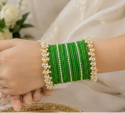 Pearl Studded Green Metal Bangle Set with Kada – Bridal Chuda Collection