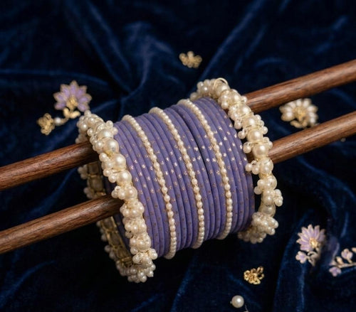 Pearl Studded Purple Metal Bangle Set with Kada - Bridal Chuda Collection
