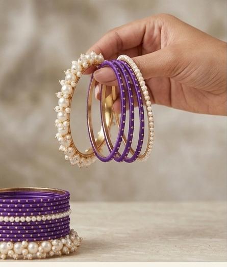 Pearl Studded Purple Metal Bangle Set with Kada - Bridal Chuda Collection