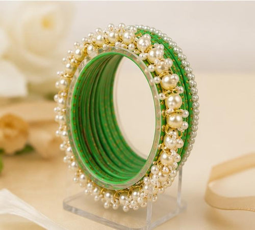 Pearl Studded Green Metal Bangle Set with Kada – Bridal Chuda Collection