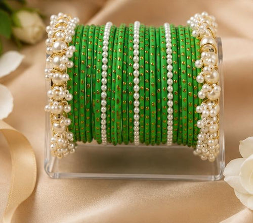 Pearl Studded Green Metal Bangle Set with Kada – Bridal Chuda Collection