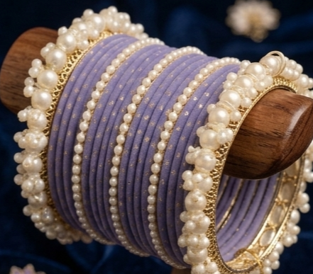 Pearl Studded Purple Metal Bangle Set with Kada - Bridal Chuda Collection