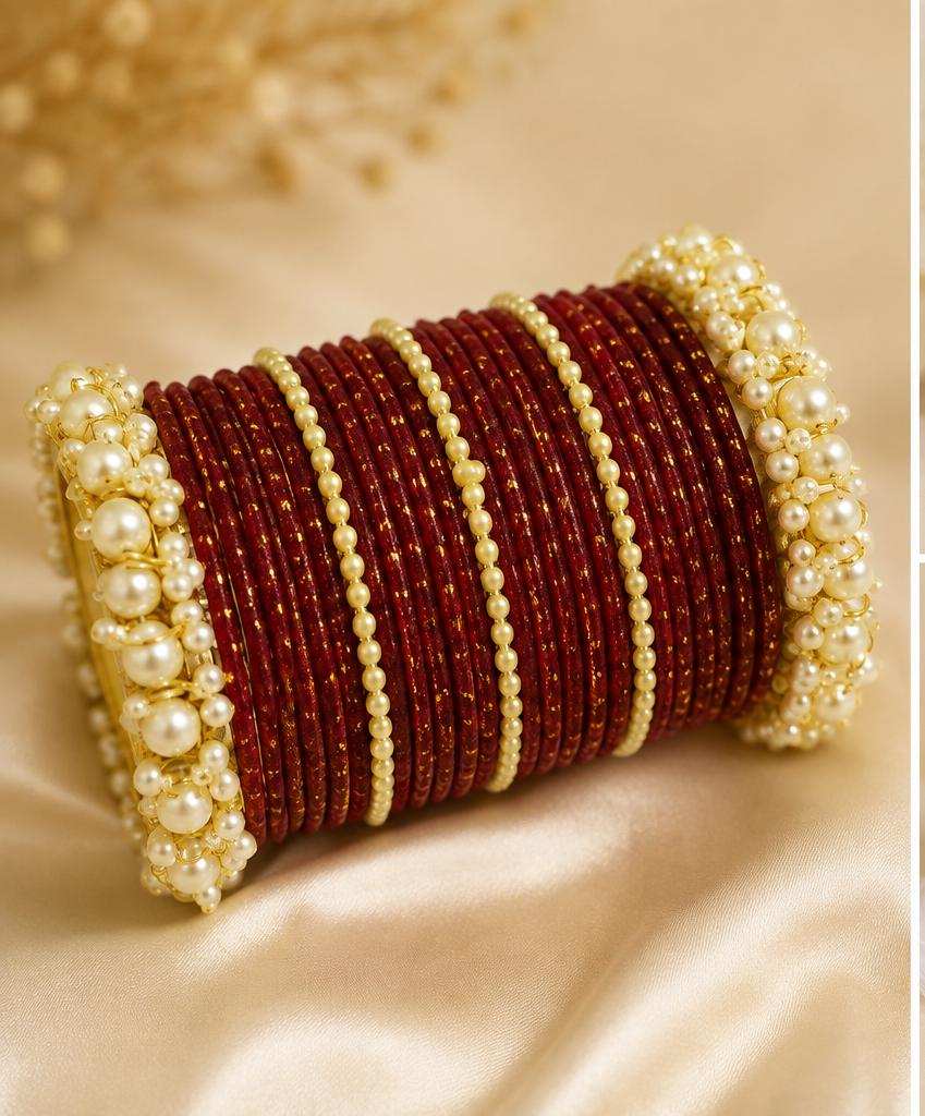 Maroon Pearl Bridal Bangle Set