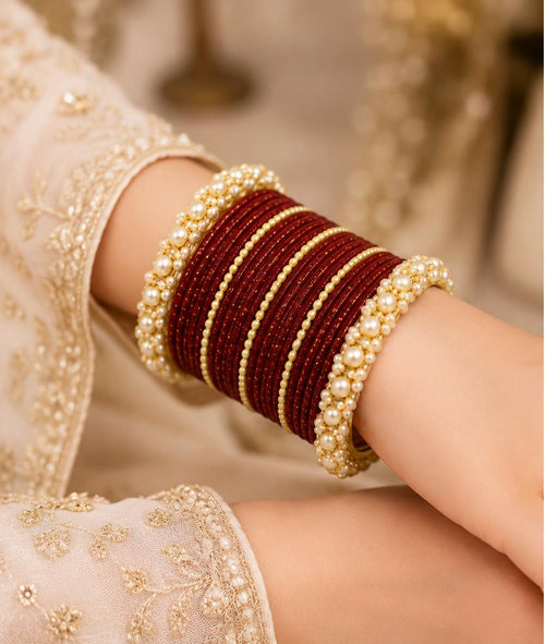 Maroon Pearl Bridal Bangle Set