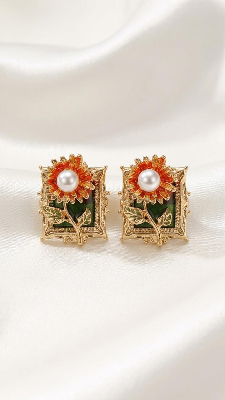 Sunflower Pearl Stud Earrings