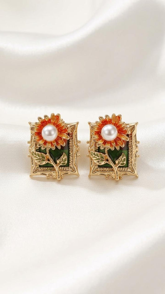 Sunflower Pearl Stud Earrings