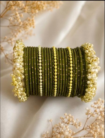 Olive Green Pearl Bridal Bangle Set