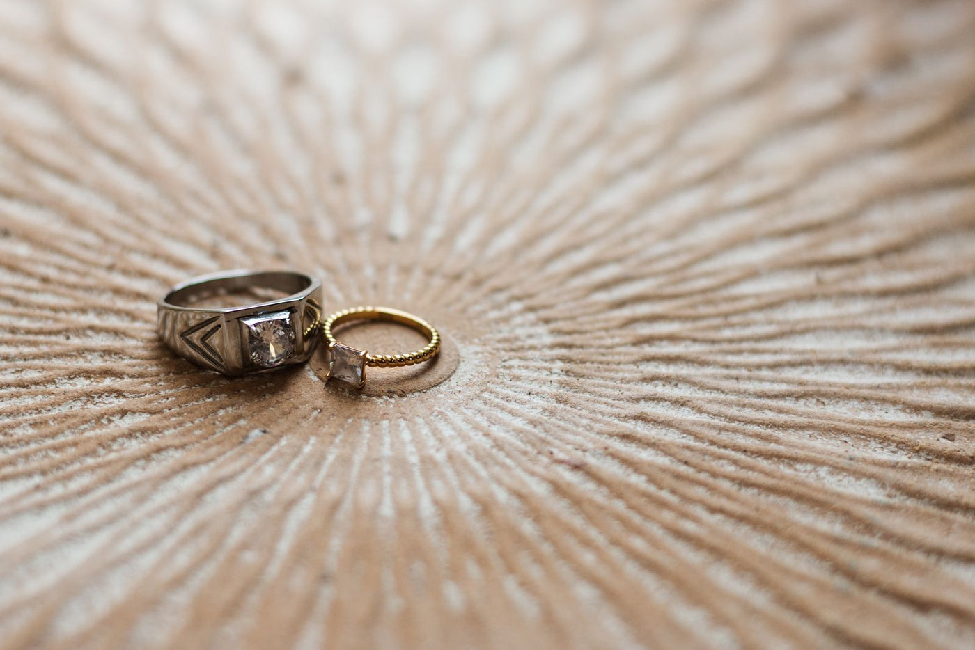 Emerald and silver band, close up
