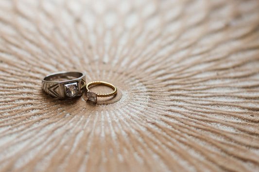 Emerald and silver band, close up