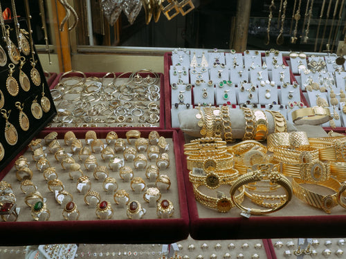Gold bangles displayed