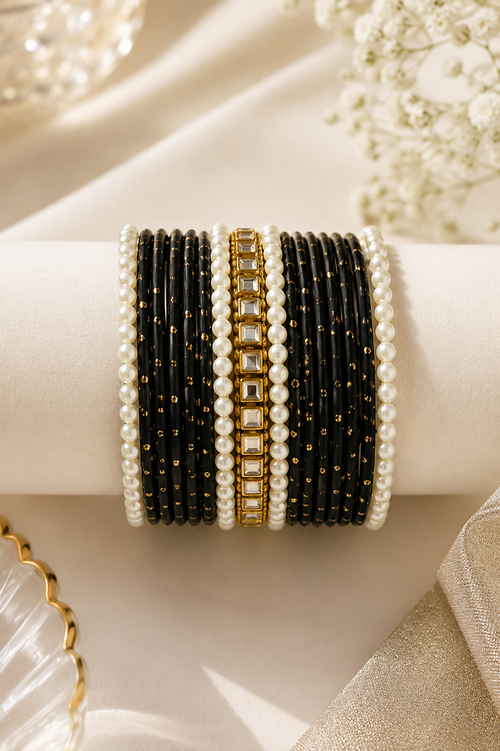 Black Mirror-Work Pearl Bangle Set