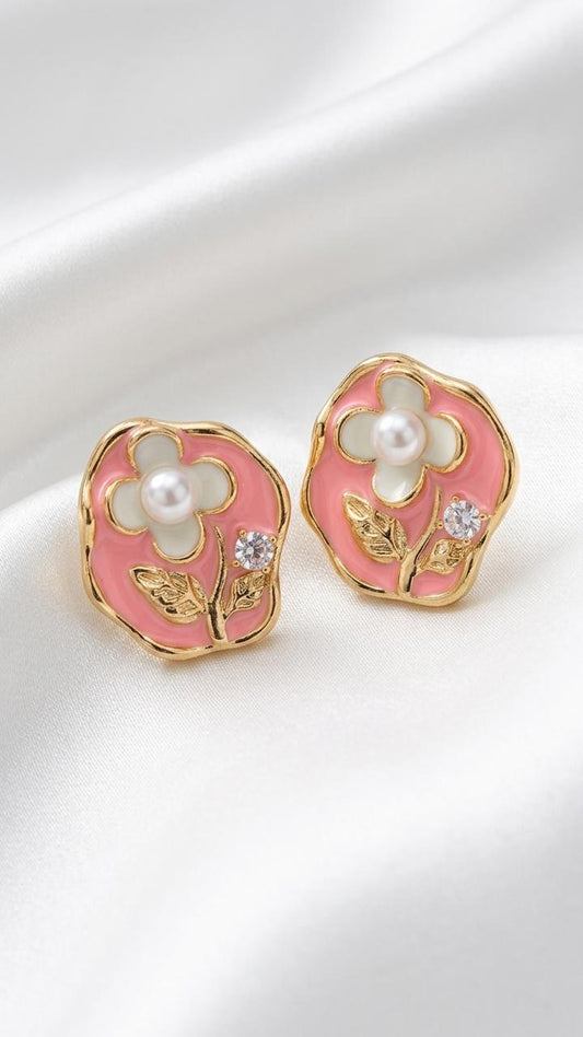 Pink Resin Art Floral Pearl Stud Earrings