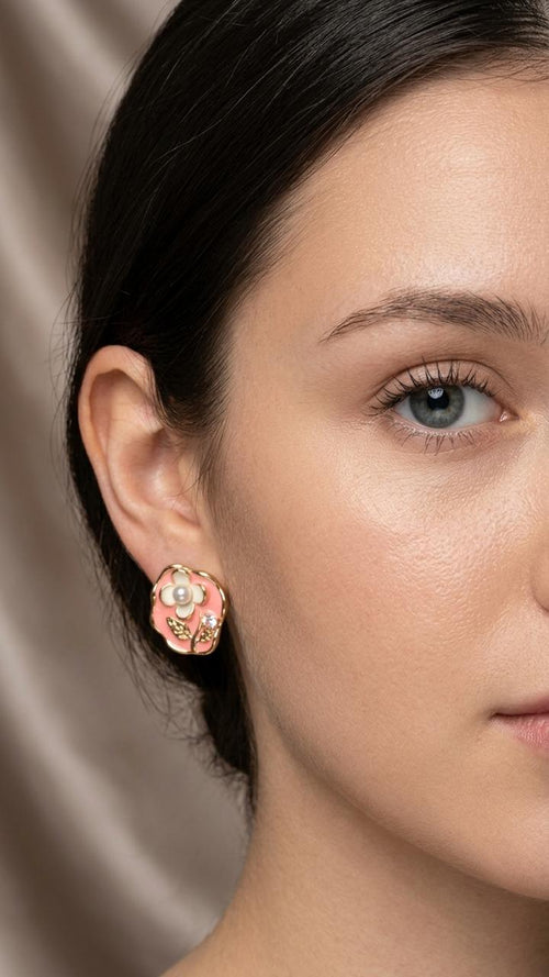 Pink Resin Art Floral Pearl Stud Earrings