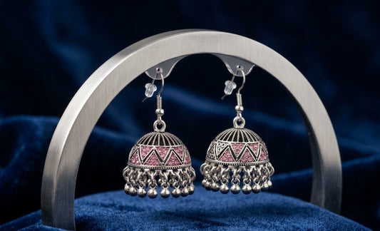 Pink Stone Silver Jhumka Earrings