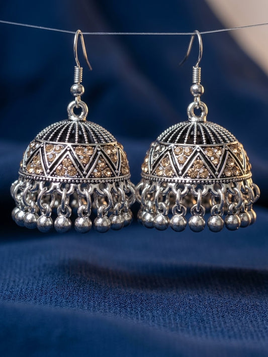 Golden Topaz Stone Silver Jhumka Earrings