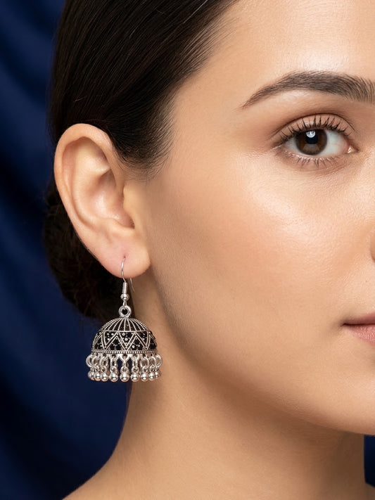 Black Stone Silver Jhumka Earrings