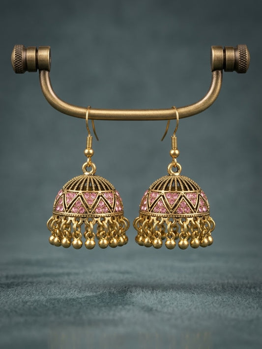 Pink Stone Gold Jhumka Earrings