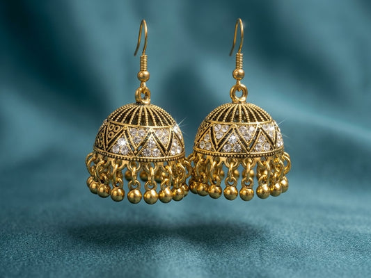 White Stone Gold Jhumka Earrings