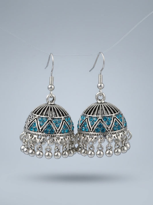 Turquoise Stone Silver Jhumka Earrings