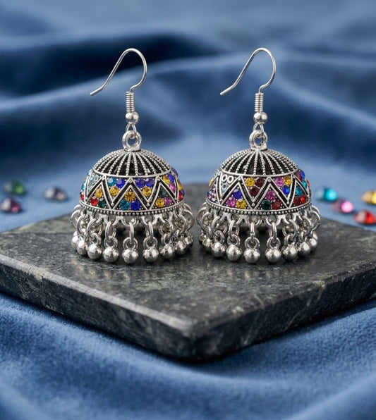 Multicolor Stone Silver Jhumka Earrings