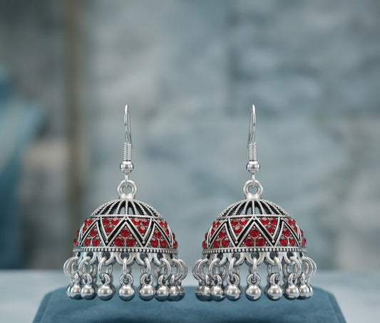 Red Stone Silver Jhumka Earrings