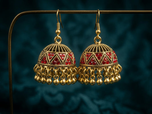 Red Stone Gold Jhumka Earrings