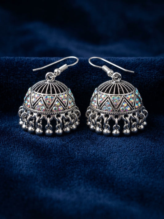 Rainbow Stone Silver Jhumka Earrings