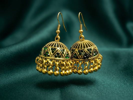 Green Stone Gold Jhumka Earrings