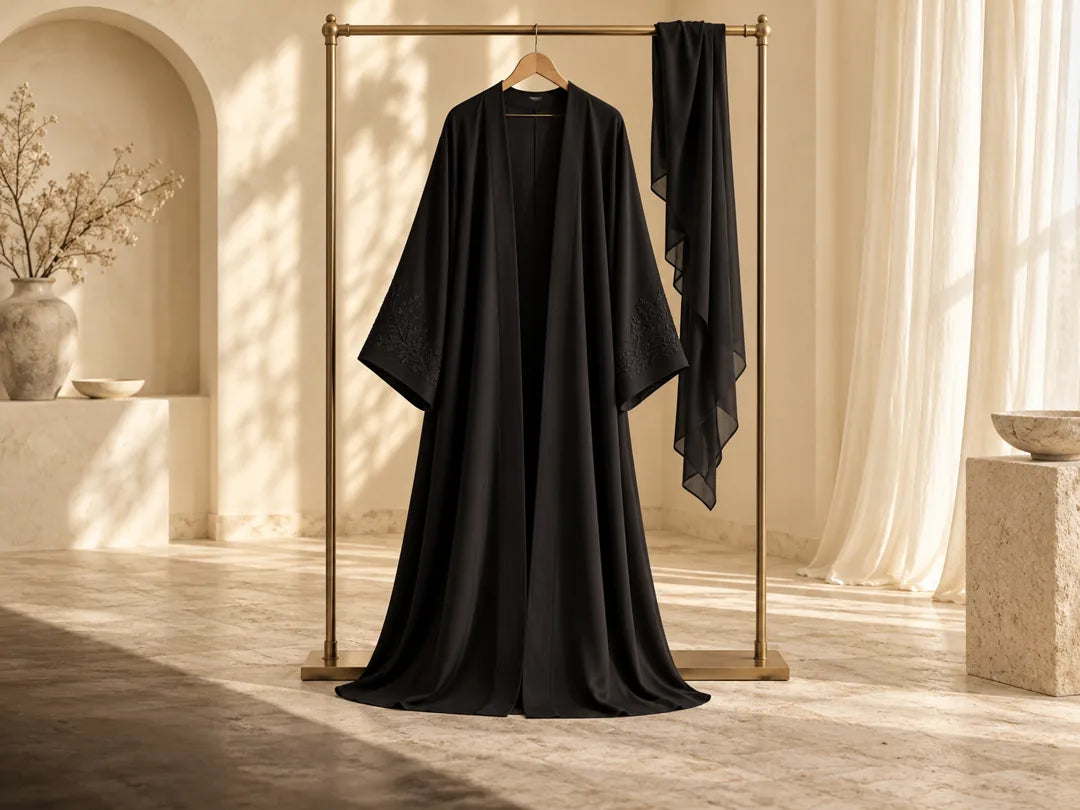 A flowing black abaya with embroidered cuffs and a matching scarf on a brass rail.