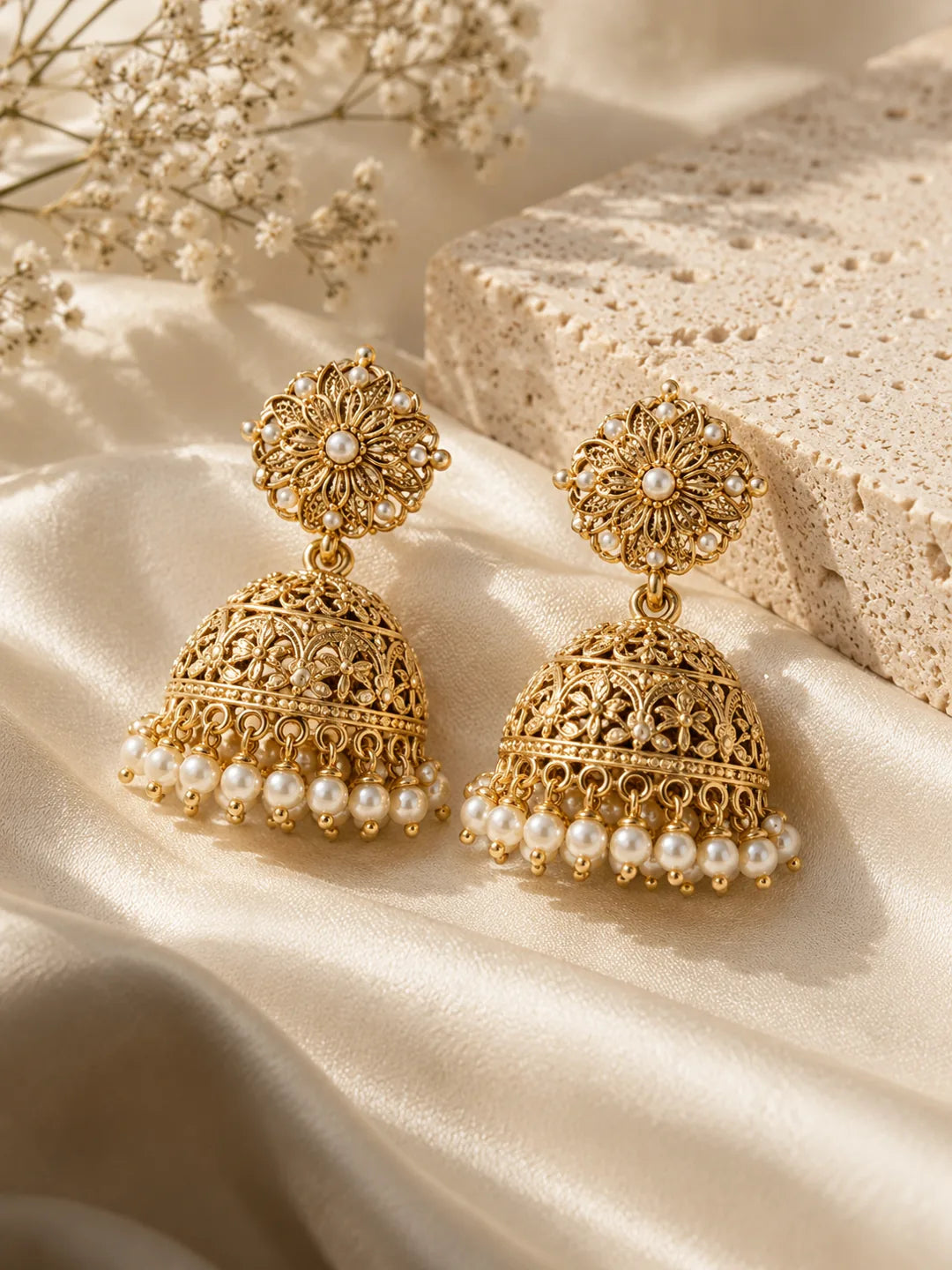 Gold filigree jhumka earrings with pearl fringe on ivory satin.