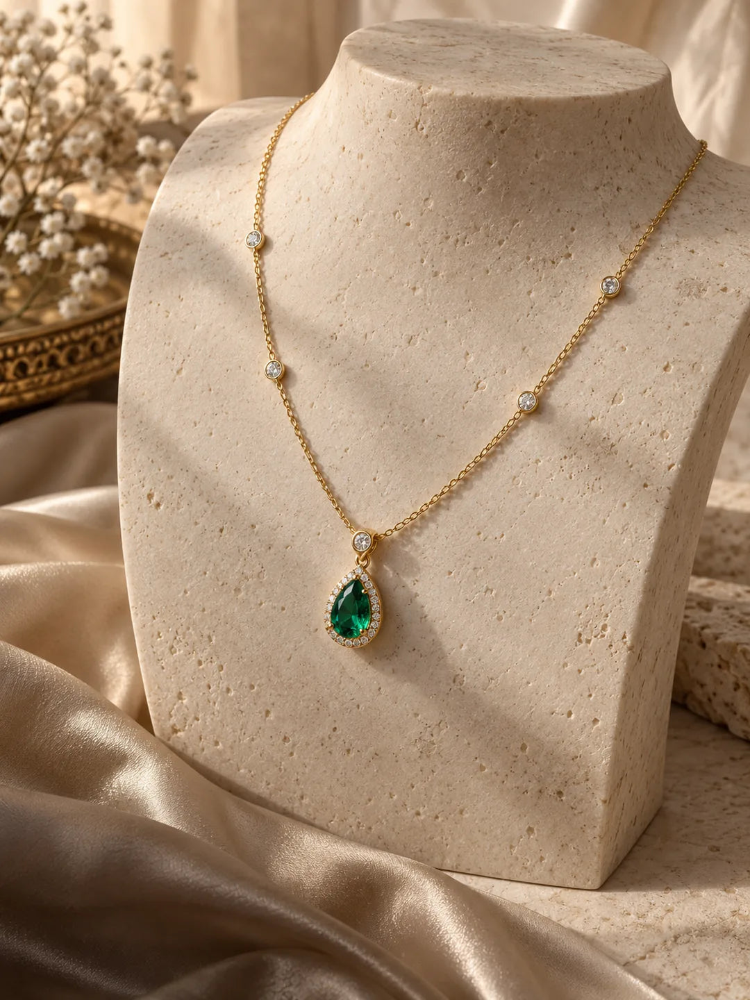 A delicate gold necklace with an emerald-green pendant on an ivory stone display.