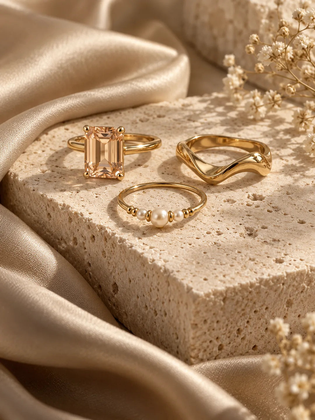 Gold gemstone, sculptural and pearl rings on champagne silk and ivory stone.