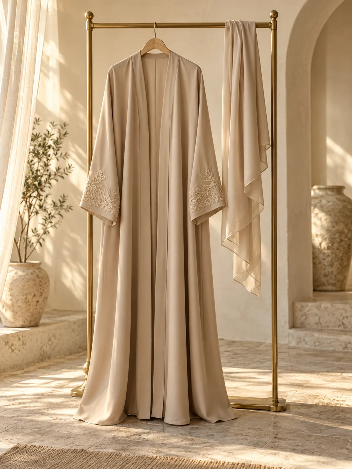 A flowing champagne abaya and matching scarf displayed in a sunlit ivory studio.