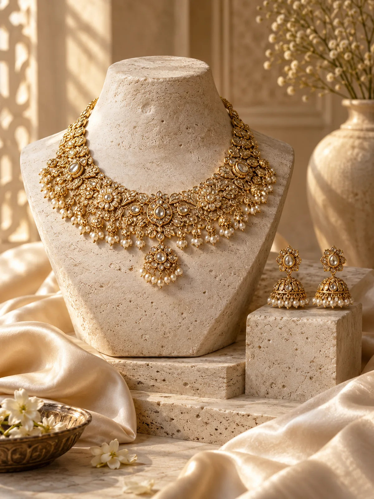 An ornate gold bridal necklace with pearl details on an ivory stone display.