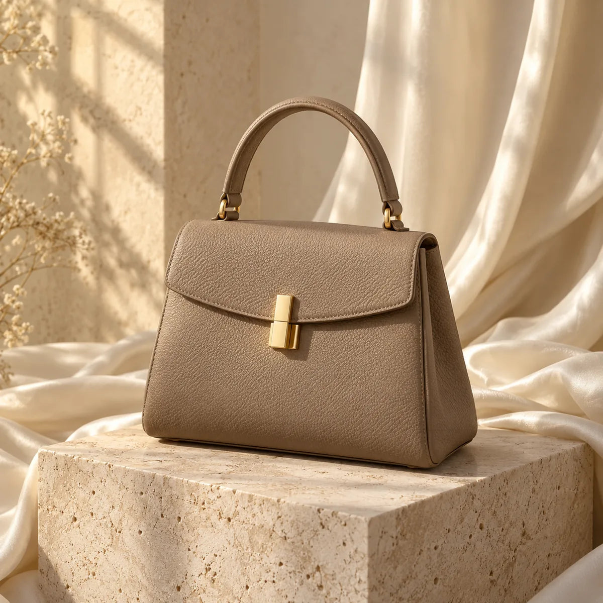 A warm taupe leather handbag with gold hardware on a travertine pedestal.