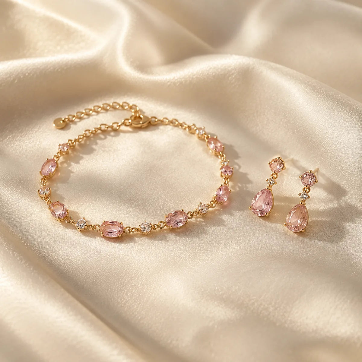 A blush gemstone bracelet and delicate gold earrings on ivory satin.