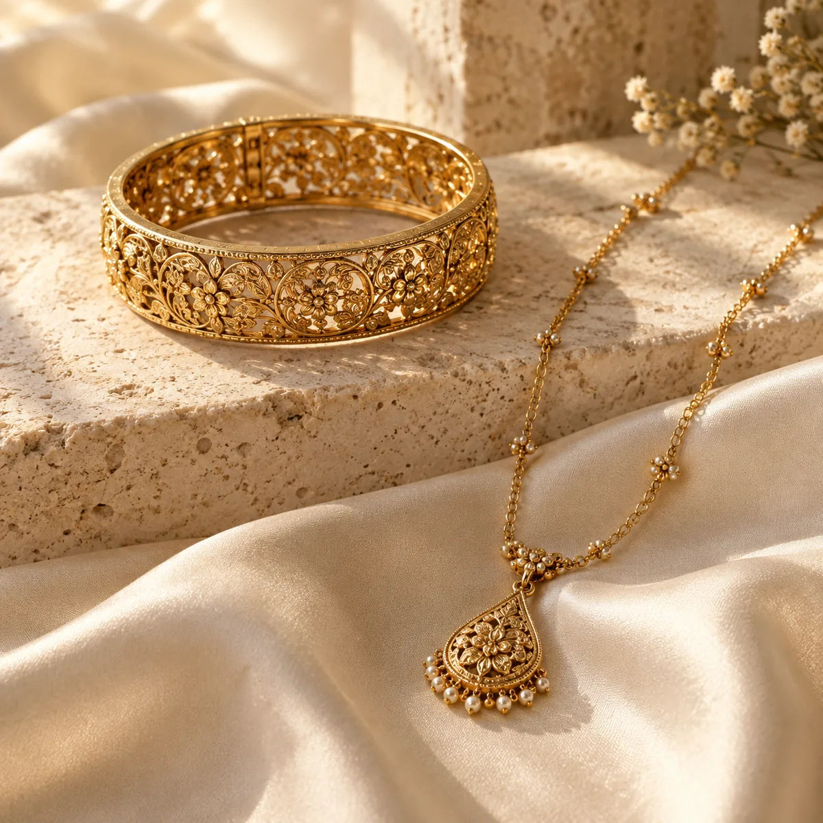 A gold filigree bangle and a fine necklace arranged on champagne silk.