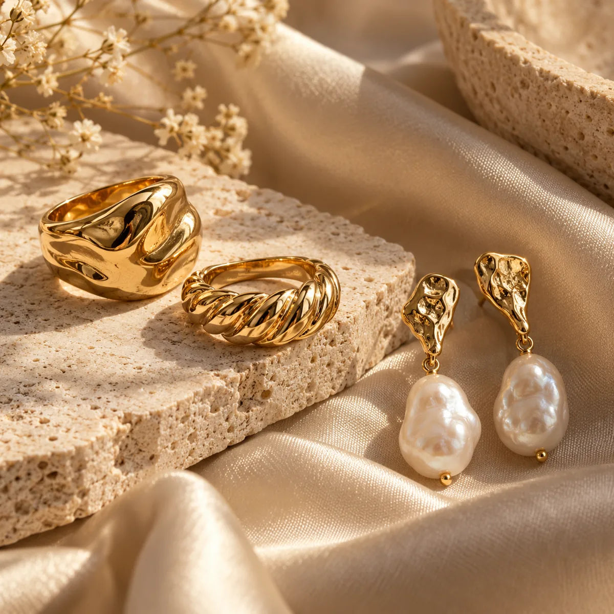 Sculptural gold rings and pearl earrings on champagne silk.