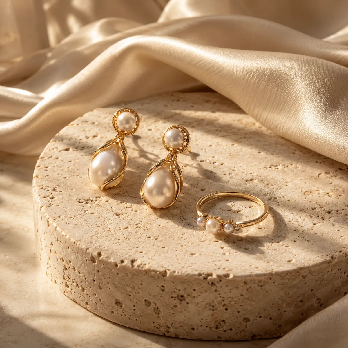 Pearl and gold earrings casting soft shadows on ivory stone.